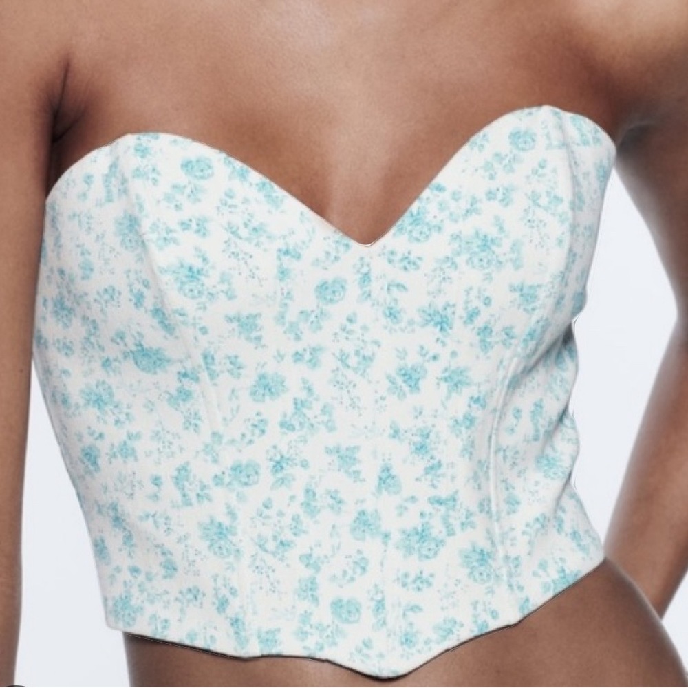 blue and white floral strapless corset top